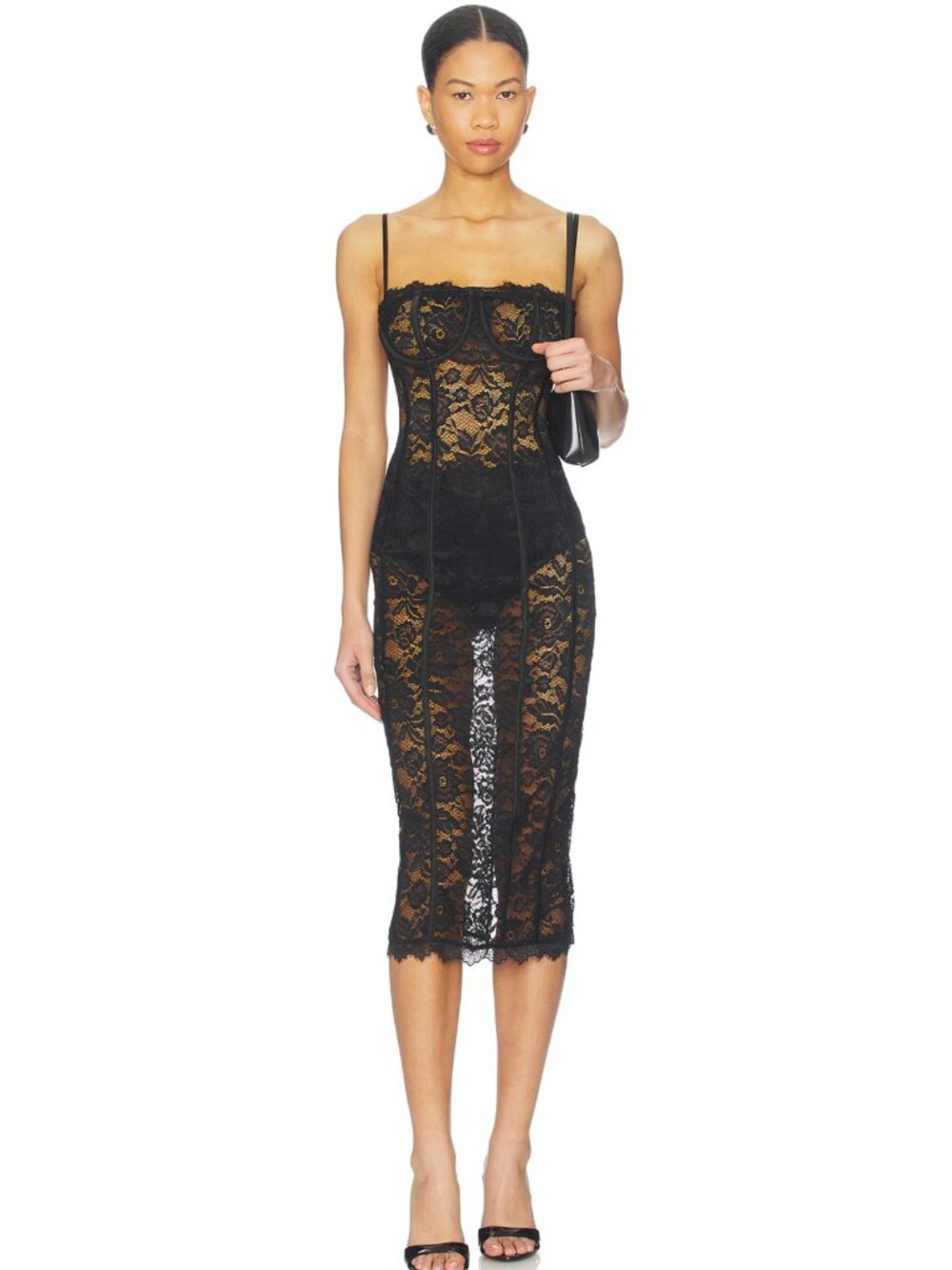 MORE TO COME Esme Corset Midi Dress in Black Sheer Lace Strapless Sexy